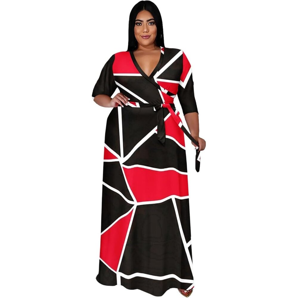 Women's Red Black Polyester Blend Floral 3/4 Sleeve With Belt Elegant Maxi